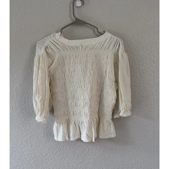 Free People Maxey Knit Smocked Peplum Top Cream Puff Sleeve Size XL Cottagecore - Picture 4 of 7